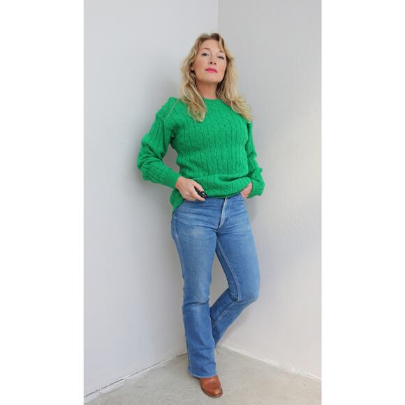 1980's Vintage Kelly Green Preppy Cable Knit Sweater ~ Women's MD L ~ Men's MD - Picture 5 of 7